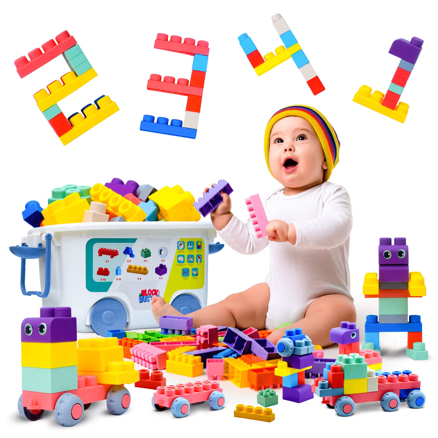 Top Grade 50 Piece Multi Color Soft Large Building Blocks Preschool Toys with Storage Box- Kids Sensory Toys- Toddler Toys for Boys Girls- Building Blocks for Toddlers 1-3- STEM Learning Toys